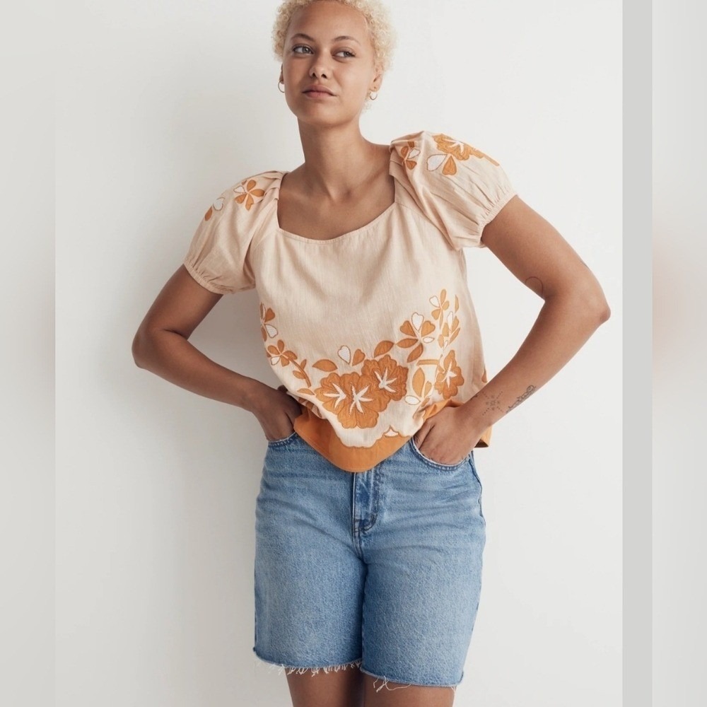 Madewell‎ Embroidered Scallop-Hem Puff-Sleeve Top NL039 Pink Mustard M - Picture 10 of 12